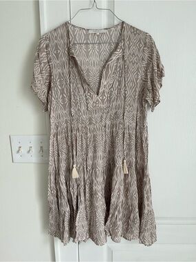 Olivaceous Taupe & White Printed V-Neck Tiered Mini Dress